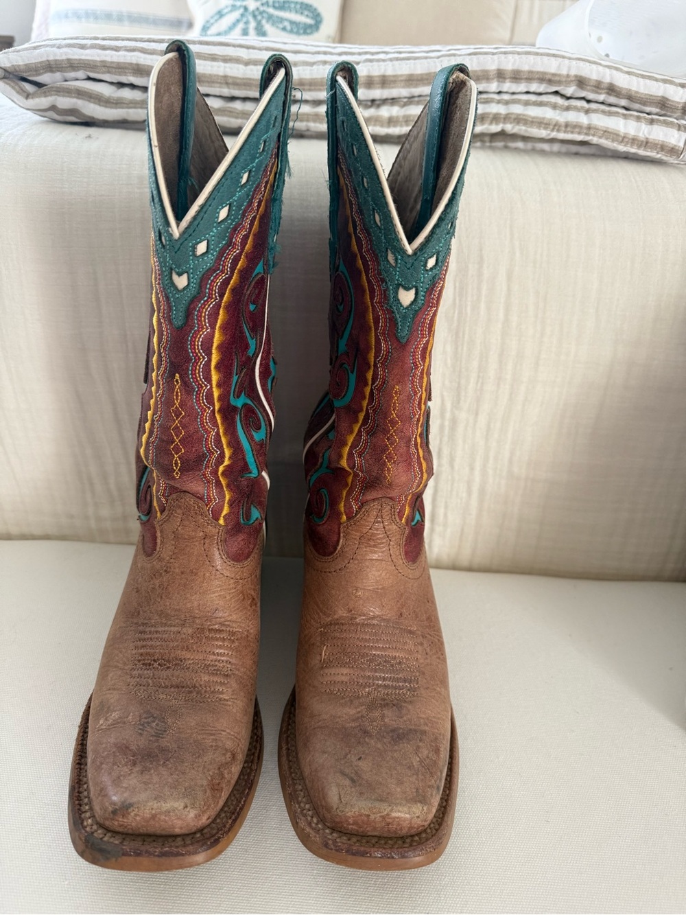 Ariat Brown Leather Cowboy Boots with Teal & Maroon Embroidery